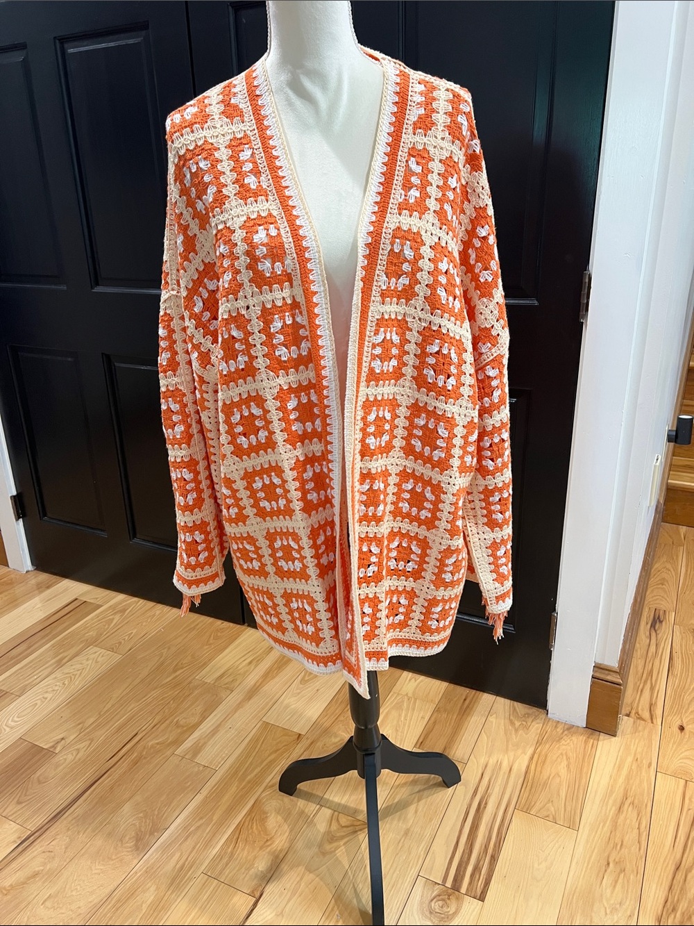 Forever 21 Orange and Cream Crochet Open-Front Cardigan